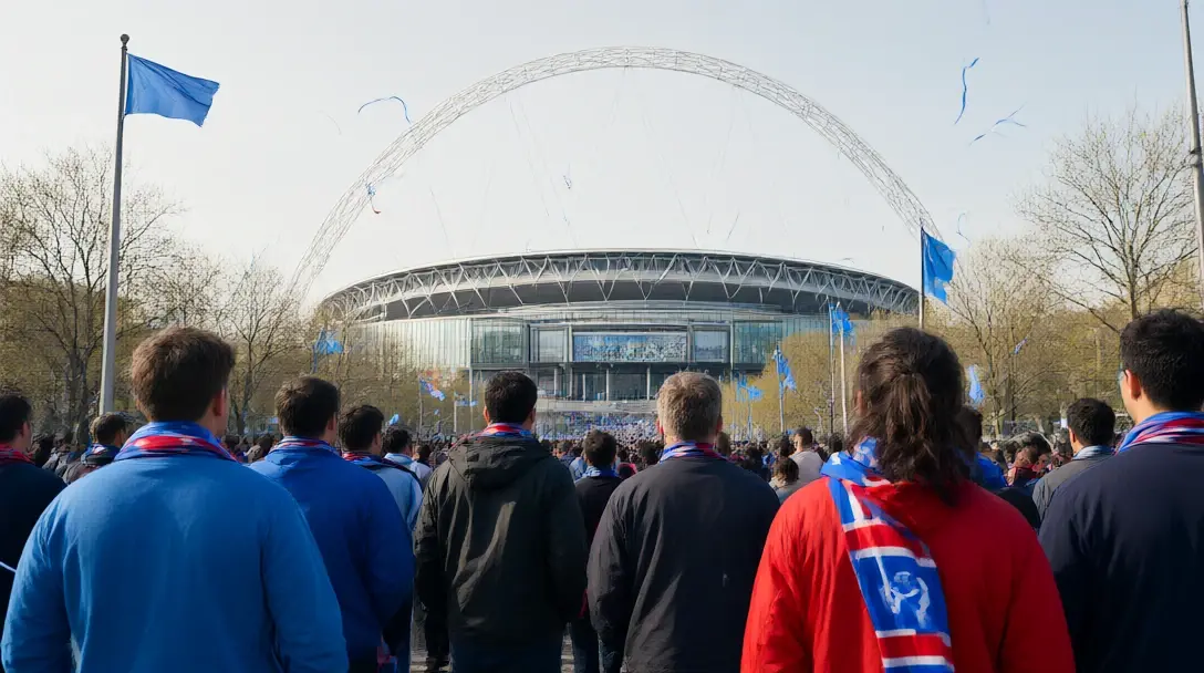 Fans in scarves walking up Wembley Way towards the stadium and its white arch on League Cup final day