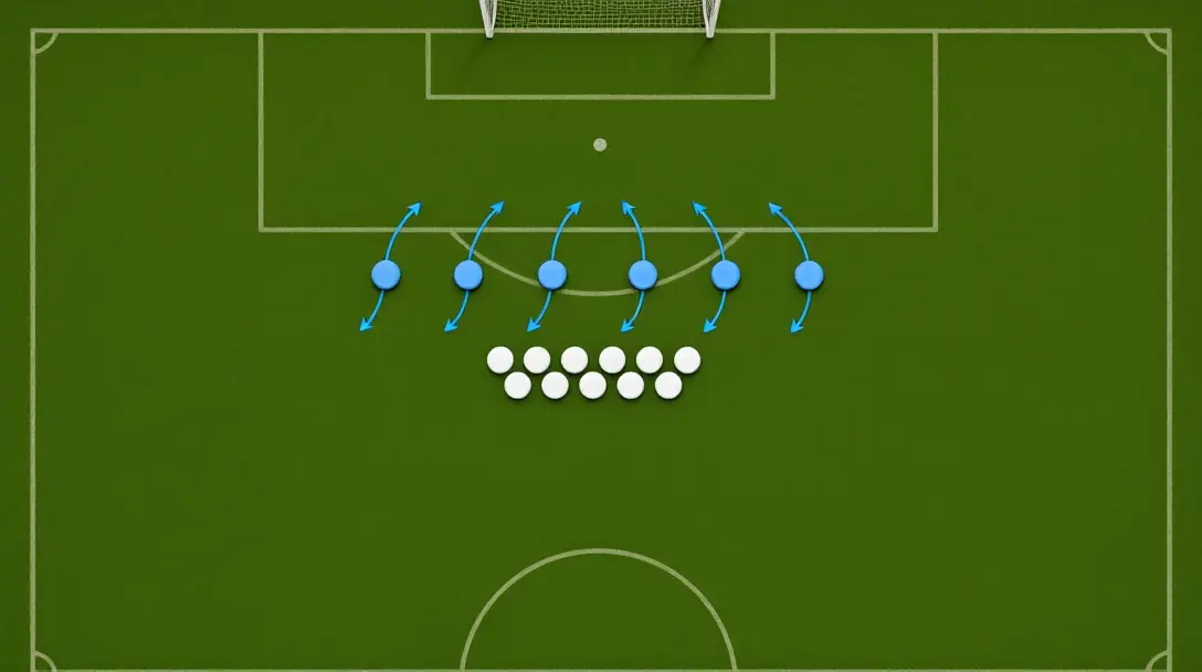 Top-down tactical view of sky blue attackers with arrows facing two tidy rows of white defenders in front of goal
