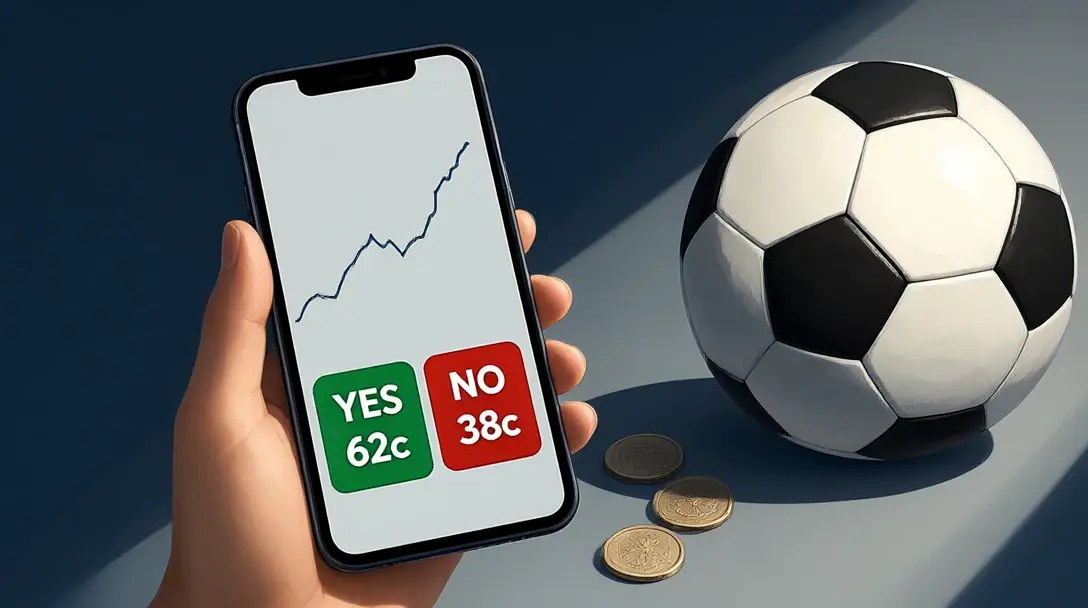 Smartphone showing green Yes and red No contract buttons priced in cents beside a football and coins