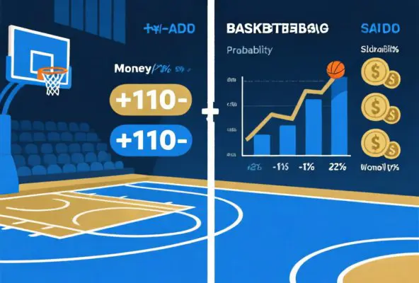 Editorial illustration showing basketball betting odds and implied probability concepts