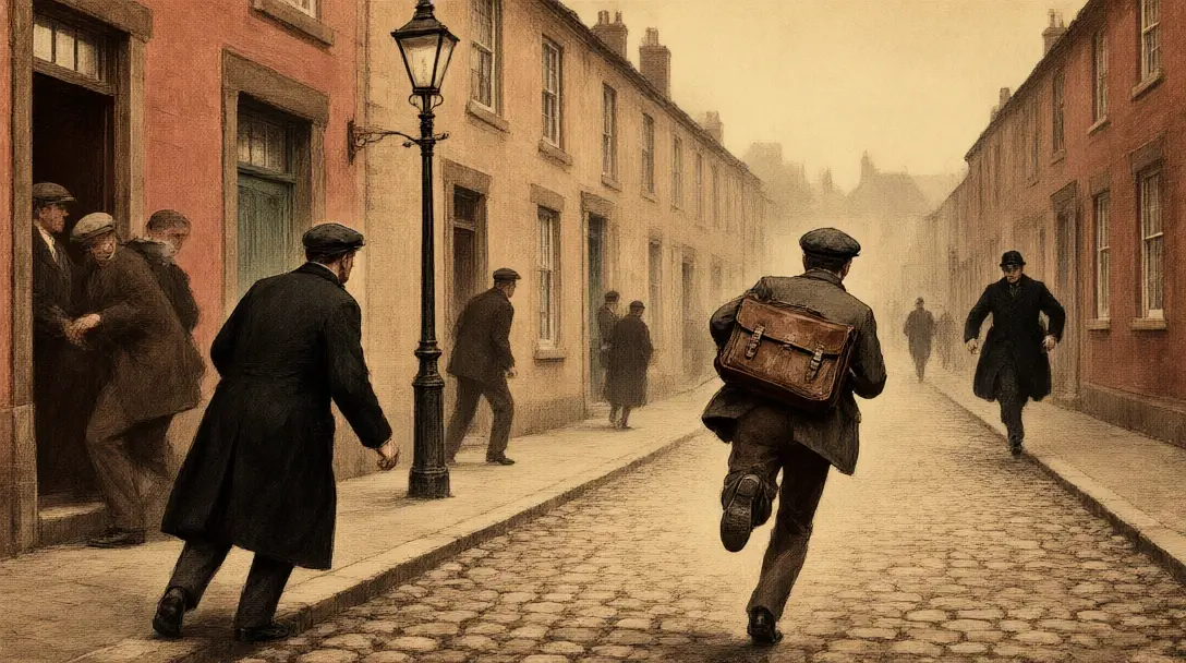 Edwardian street scene with a bookie's runner in a flat cap fleeing a helmeted constable past terraced houses
