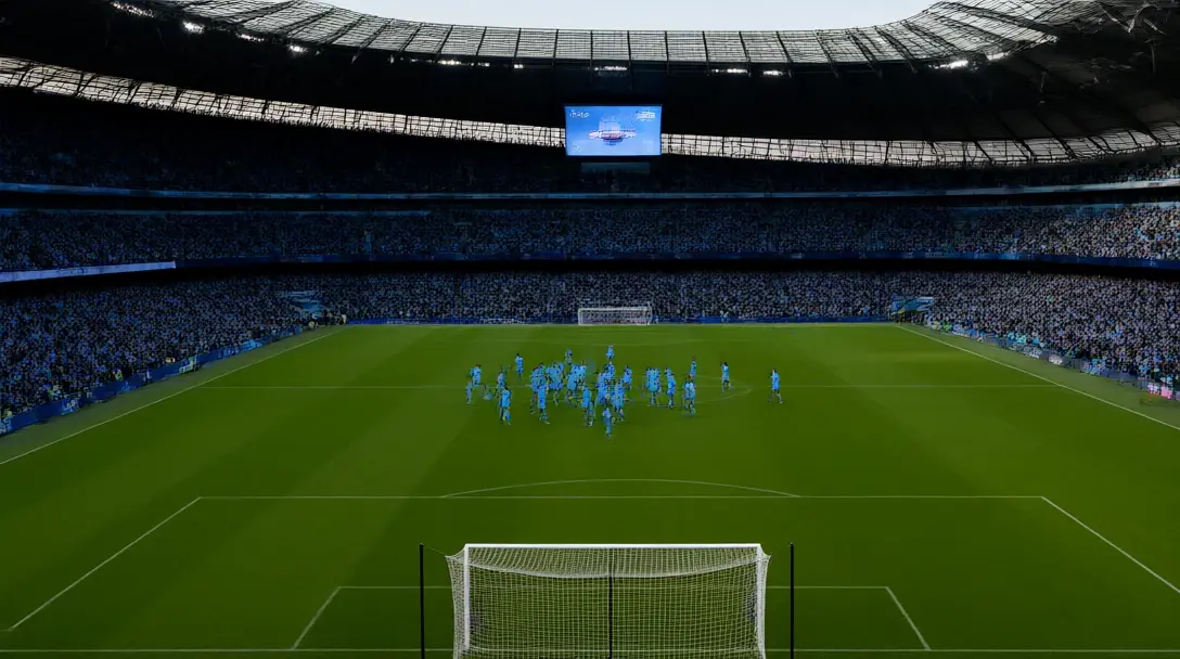 Manchester City players in sky blue celebrating on the Etihad pitch seen from high behind the goal