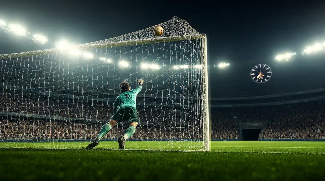 Goalkeeper seen from behind diving as the ball hits the top corner late in a floodlit match