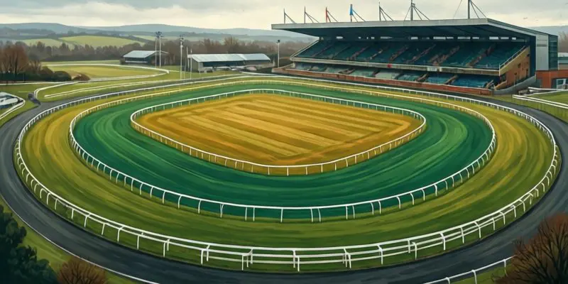 Aerial view of Kempton Park racecourse showing the triangular flat track with white fences