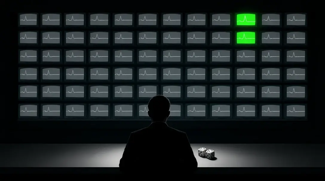 Wall of small grey monitors with a single screen glowing green, a silhouetted analyst and a pair of dice in front