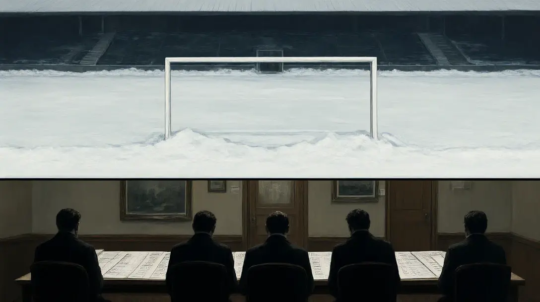 Snowbound frozen football pitch in the 1963 Big Freeze with silhouettes of a pools panel deliberating at a table