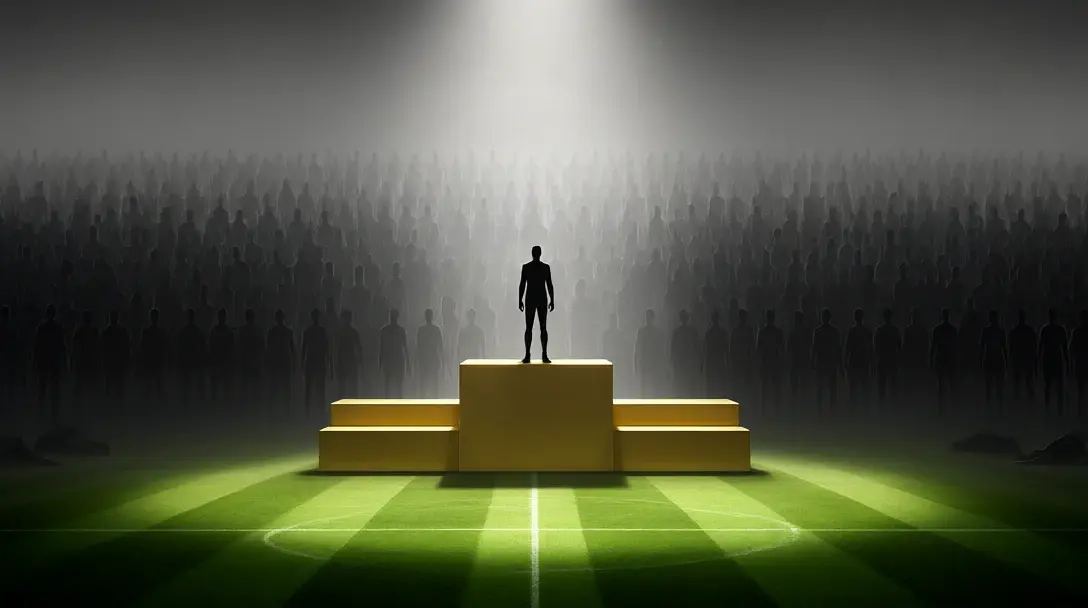 A spotlit podium of silhouettes ahead of a vast fading crowd, showing how survivors look brilliant while the rest vanish