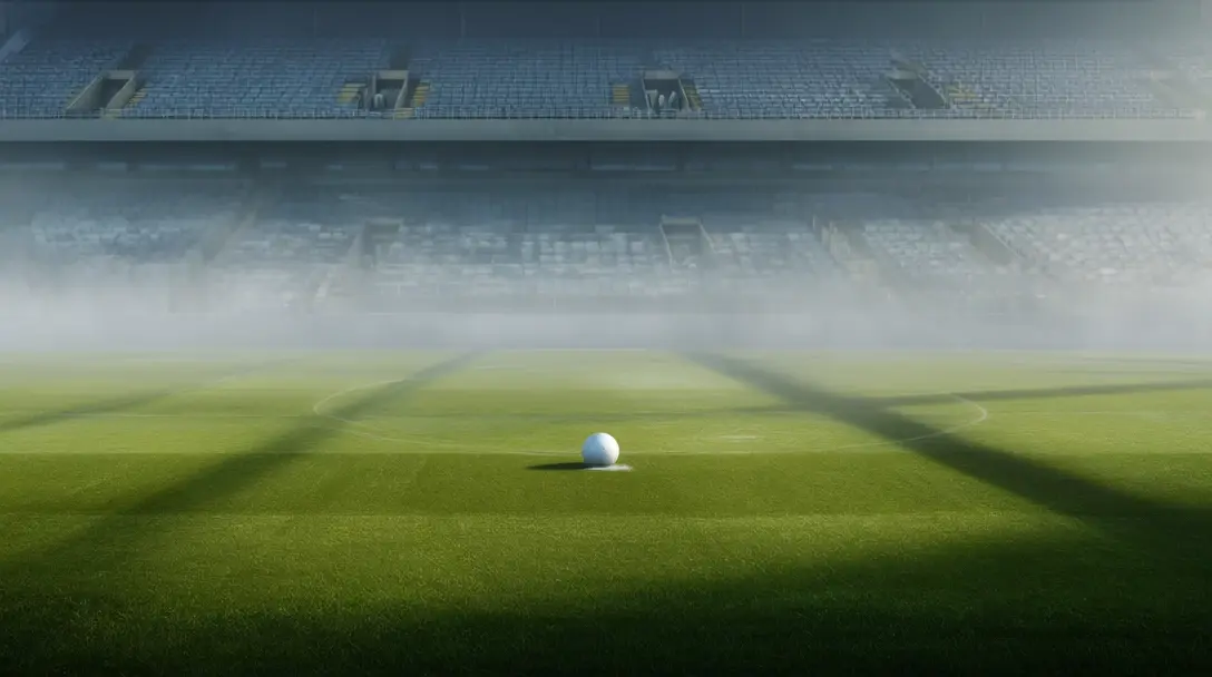 Empty football pitch in morning mist with one white ball on the centre spot and fading stadium seats.