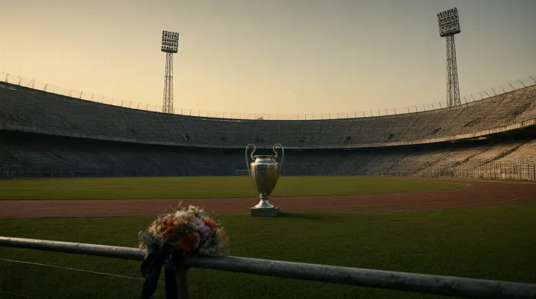 Empty open concrete terraces of the old Heysel Stadium at dusk with a running track, the European Cup and flowers on a railing