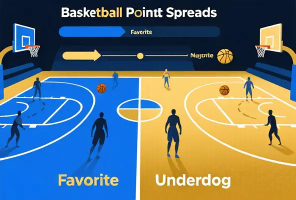 Editorial illustration of basketball point spreads with basketball court graphics and visual handicapping concepts