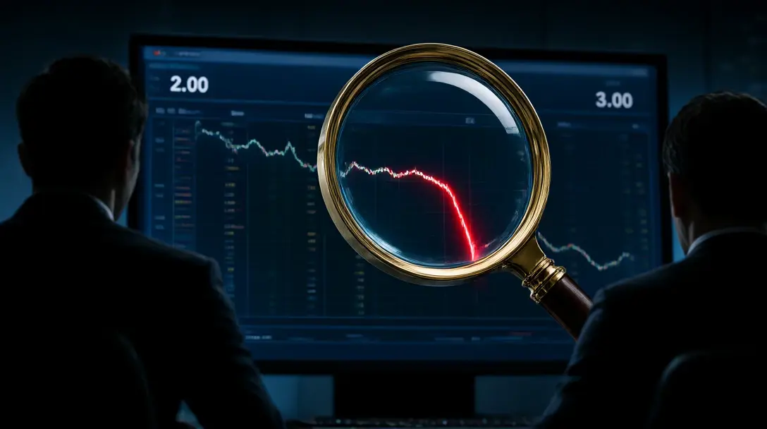 Analysts' silhouettes at a trading screen with a magnifying glass over a sharp odds drift from 2.00 to 3.00