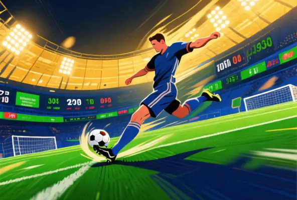 Editorial illustration of a football match in progress with dynamic lighting, showing a player mid-action with stadium lights glowing, abstract representation of live betting opportunities