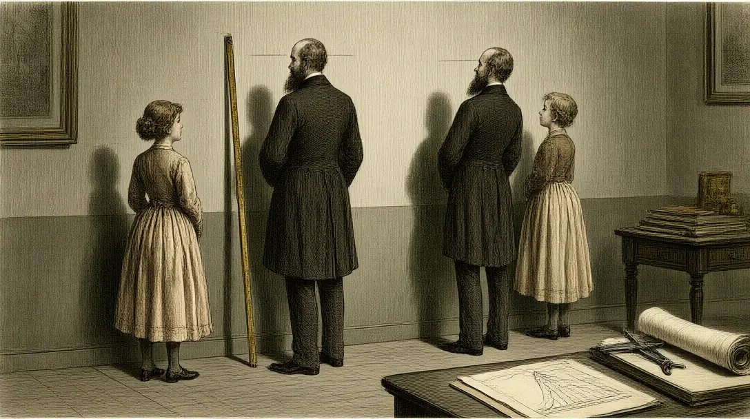 Victorian study with figures beside a pencil-marked height wall, brass measuring rod and a bell curve chart