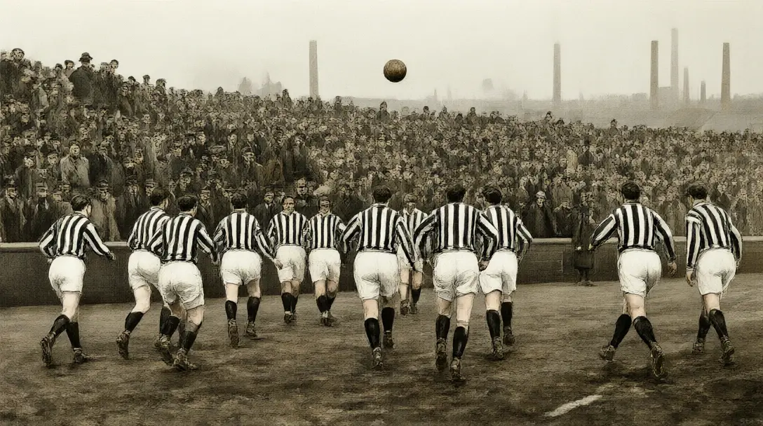 Edwardian-era Newcastle United players in black and white stripes attacking on a muddy pitch before a flat-capped crowd
