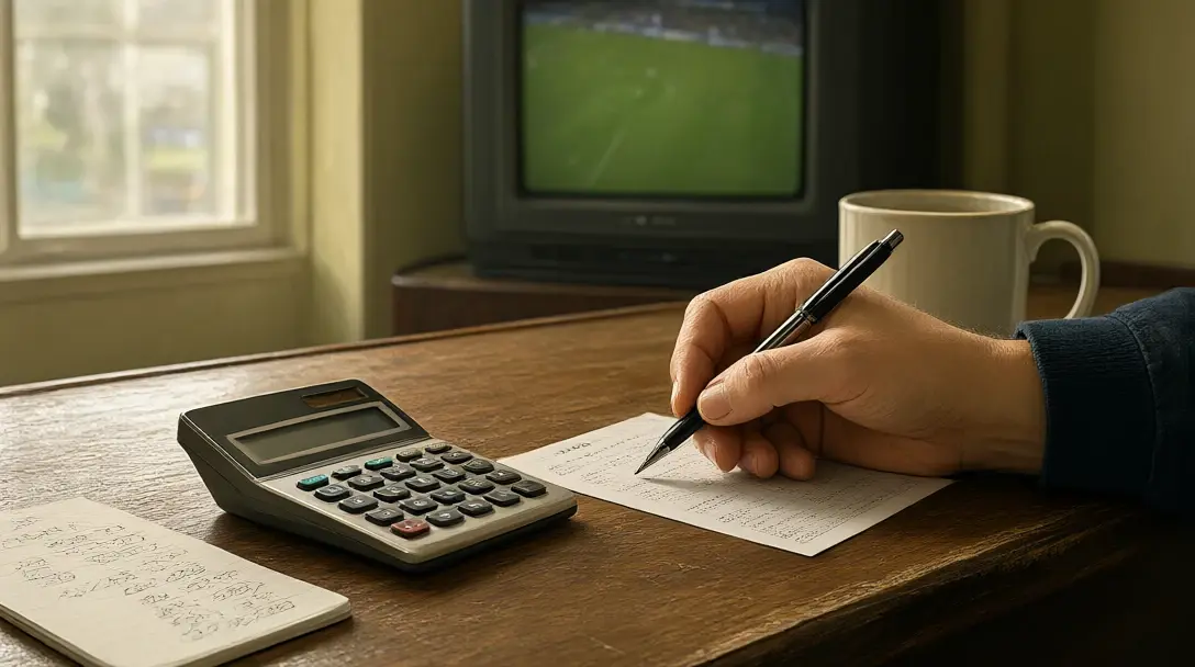 Hand with a pen over a betting slip, calculator and notepad of sums on a betting shop counter