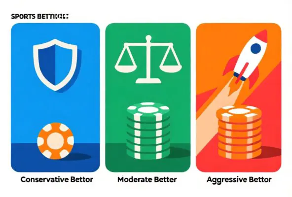 Editorial illustration showing three risk archetypes: Conservative bettor with shield protection and small secure stack, Moderate bettor with balanced scale and medium stack, Aggressive bettor with upward arrow/growth symbol and larger stack. Split composition with team colors, stylized betting elements, educational illustration style, not photorealistic, digital art