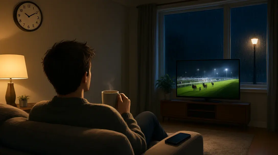 A British punter seen from behind on a sofa late at night watching horse racing on television with a mug of tea