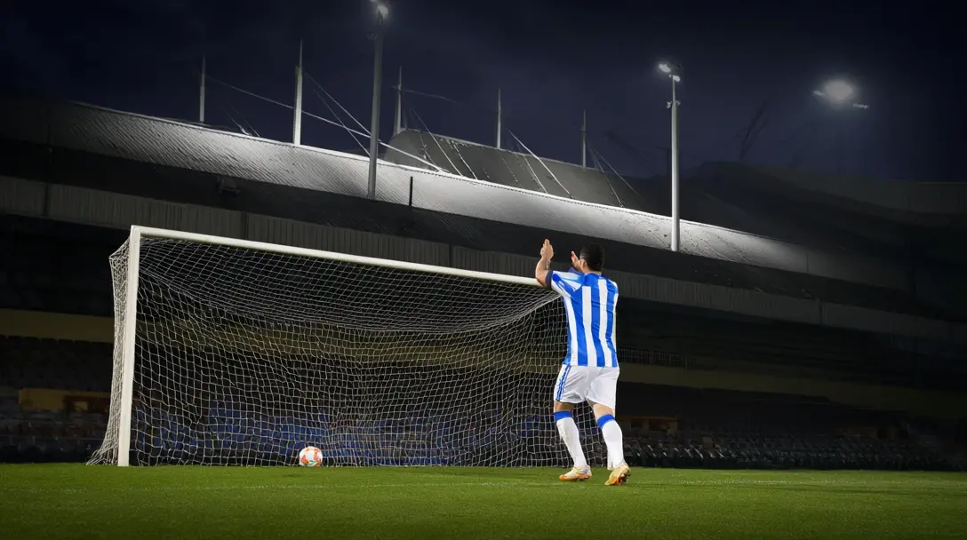 Player in blue-and-white striped shirt seen from behind, hands raised, beside a goal at night under a floodlit stand.