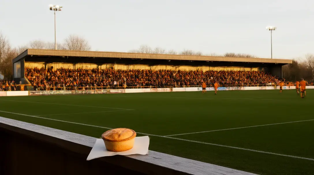 A meat pie on a dugout bench with fans in amber and brown scarves packed into Sutton's small Gander Green Lane ground