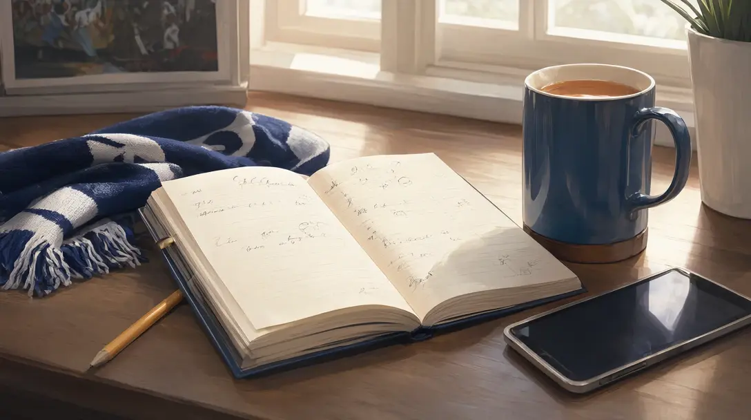 Calm desk by a window with a notebook, pencil, mug of tea and folded scarf beside a face-down tablet.