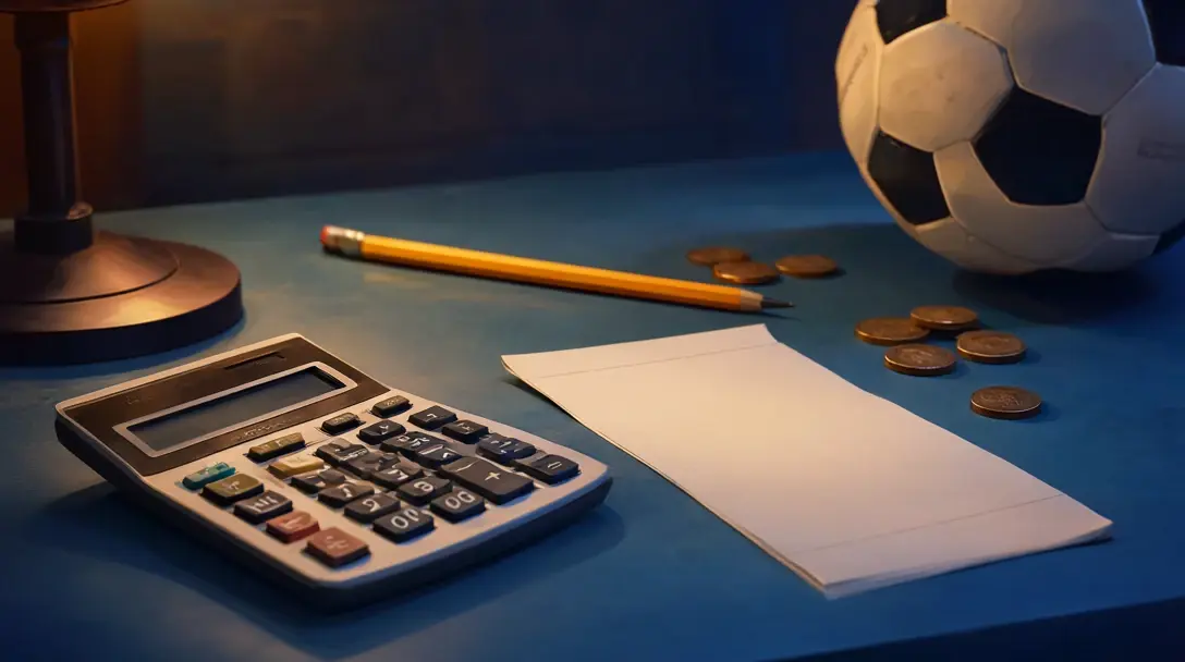 Close-up of a desk with a calculator, a blank betting slip, a pencil and coins beside a football