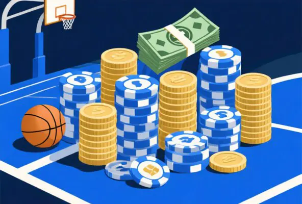 Editorial illustration of bankroll management with coins, stacks, and betting discipline concepts
