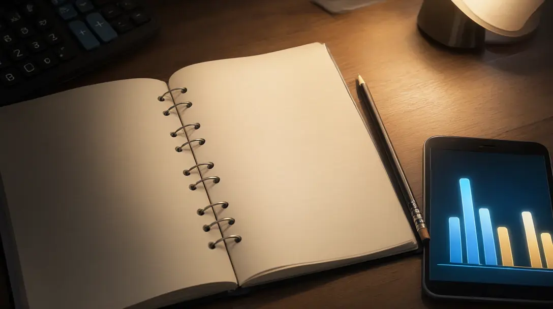 Overhead view of a blank notebook, calculator and tablet showing an unlabelled glowing bar chart on a desk