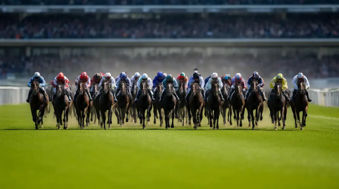 Large field of racehorses charging down the straight at Ascot in a handicap, grandstand behind