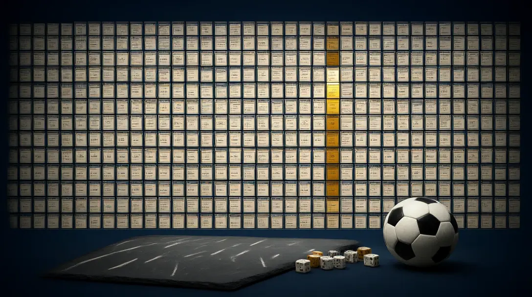 Wall of thousands of simulated league tables with gold highlights, chalk tally marks and dice beside a football
