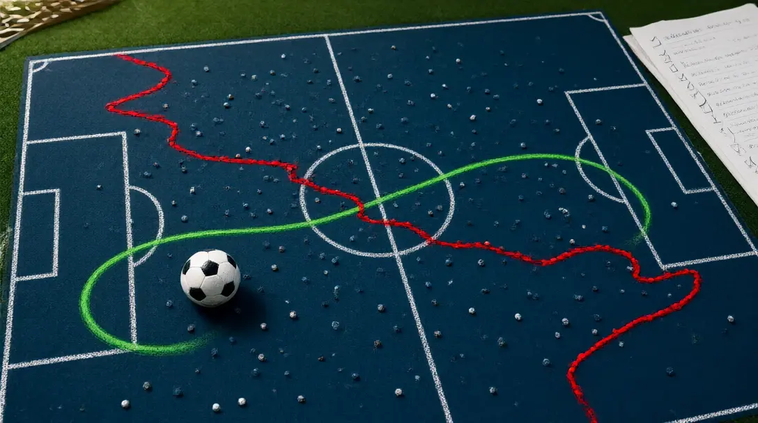 Scatter of dots over a football pitch with a jagged red line hitting every point and a smooth green curve through the middle