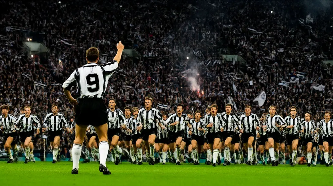 1990s St James' Park packed with fans as a Newcastle striker in a number 9 shirt celebrates, seen from behind