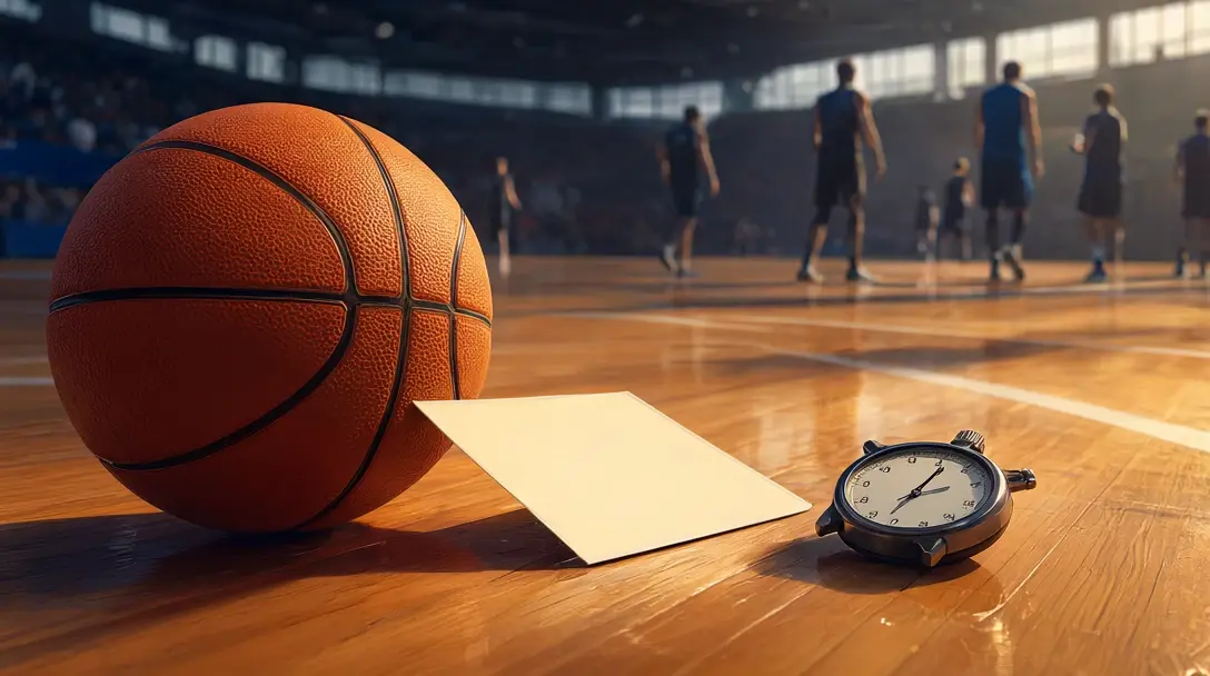 Orange basketball on a hardwood court beside a folded blank card and a stopwatch in soft arena light.