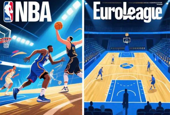 Editorial illustration comparing NBA and EuroLeague basketball with contrasting playing styles