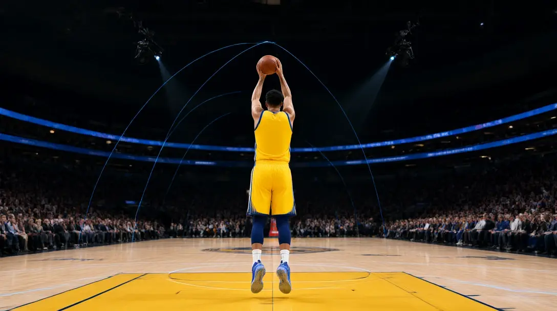Basketball court with glowing optical-tracking shot arcs and rafter cameras over a shooter in yellow and blue