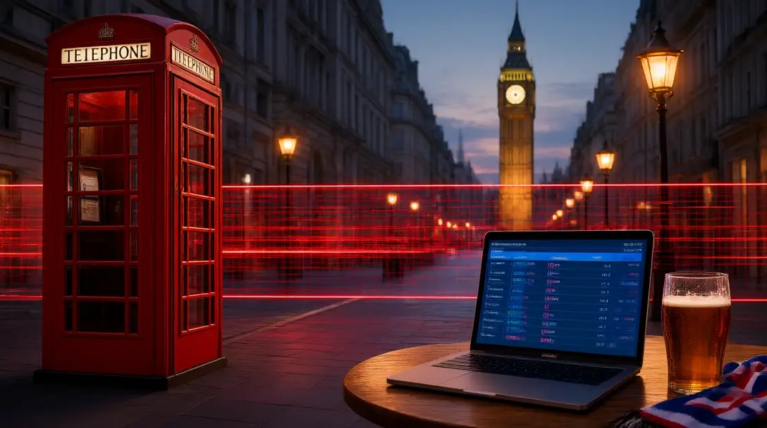 Laptop with a back and lay price ladder on a pub table, London skyline behind a glowing red barrier