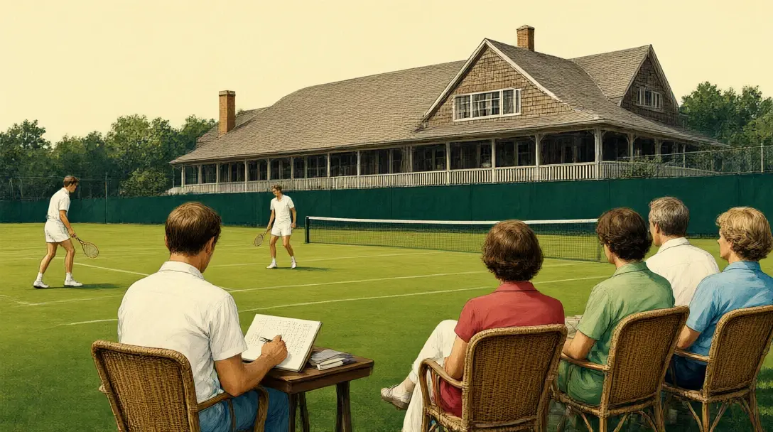 1960s painting of grass courts at Newport Casino, Rhode Island, with distant players in whites and spectators