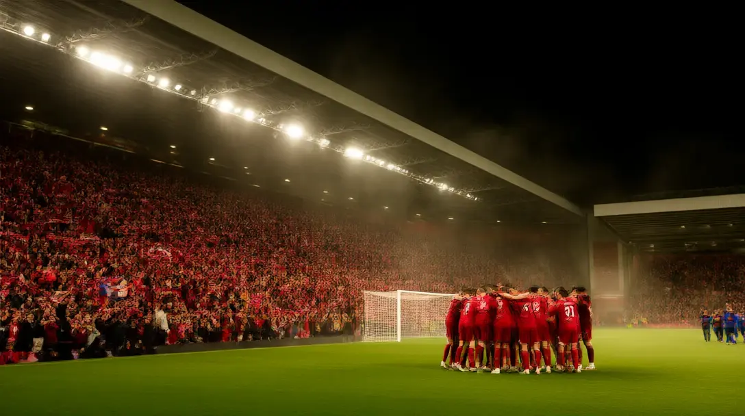Anfield on a European night with the Kop packed in red and Liverpool players celebrating in front of it