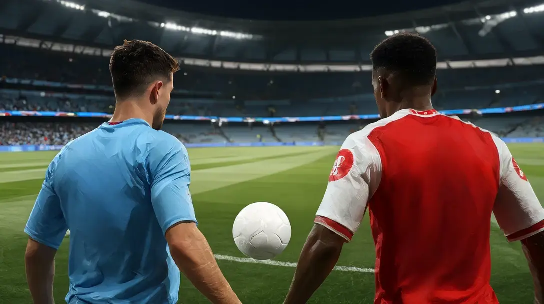 A Manchester City player in sky blue and an Arsenal player in red with white sleeves, seen from behind, with a ball between them