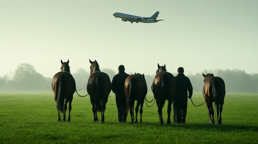 Thoroughbreds led across misty Irish gallops at dawn with a cargo plane flying overhead