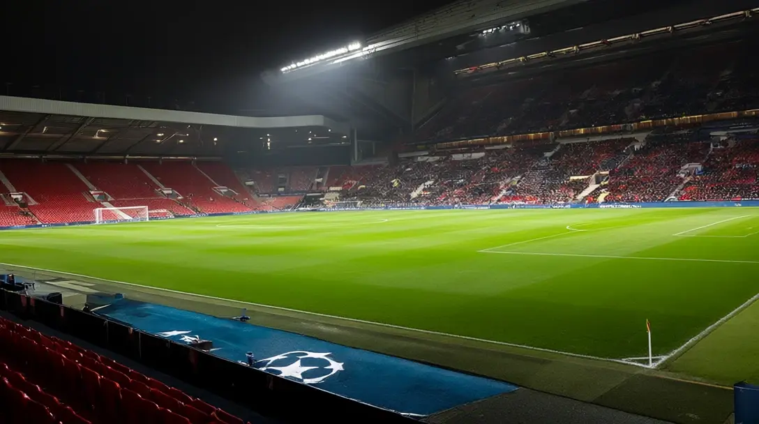 Floodlit stadium with red seats on a Champions League night, the starball painted on the blue pitch-side surround