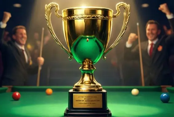 Championship trophy illustration with triumphant atmosphere for elite snooker competition