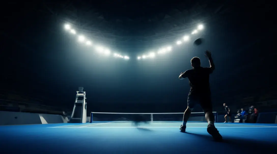 Silhouette of a tennis player serving on a fast indoor blue hard court under arena floodlights