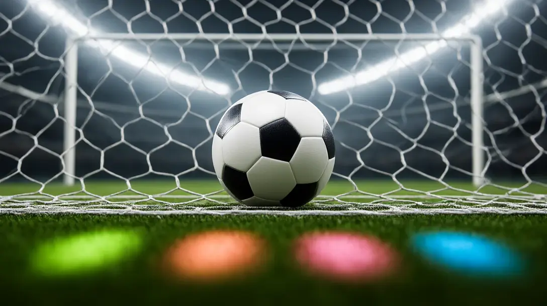 Round football nestled in the back of a goal net under floodlights with blurred goalposts behind