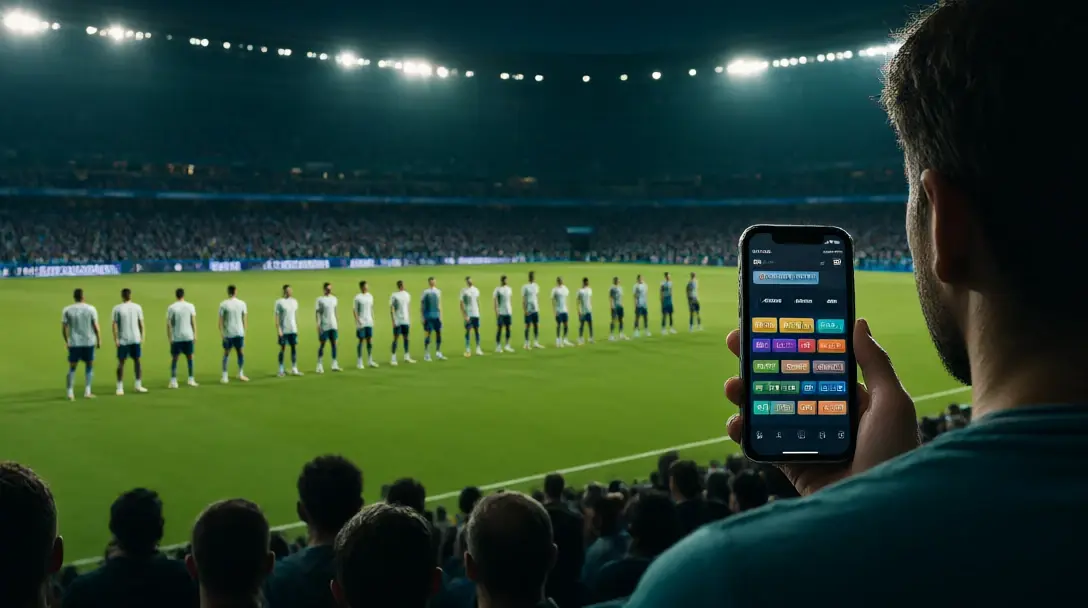 Fan's hand holding a phone with a betting app in a floodlit Premier League stadium, players in clean unbranded shirts