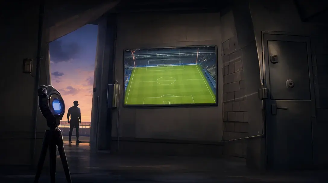 Stadium tunnel with a stopwatch in the foreground and a glowing replay monitor in the background