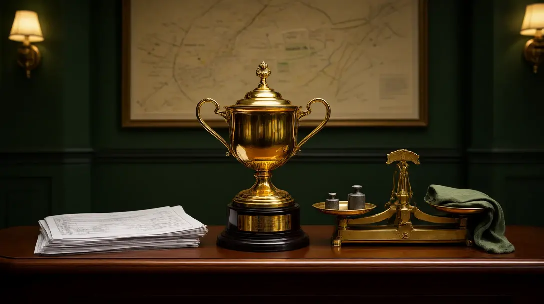 Jockey weighing scales and lead weight cloths beside a gold three-handled cup and entry forms on a desk