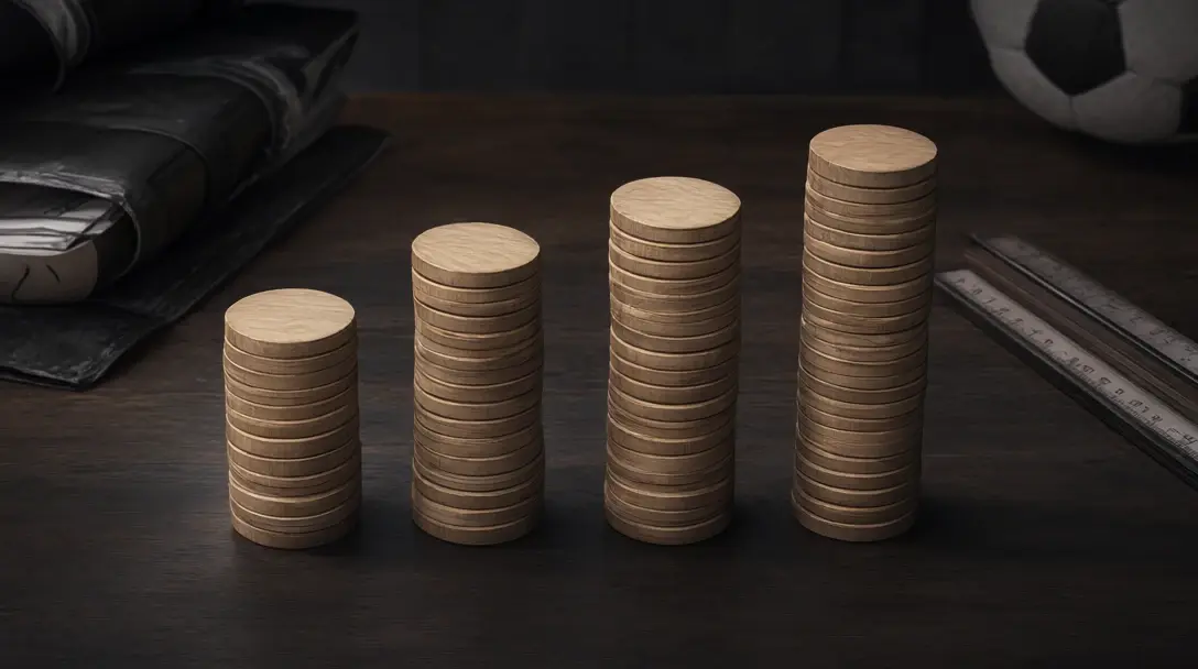 Overhead view of a wooden table with four stacks of plain tokens, a football and a ruler.