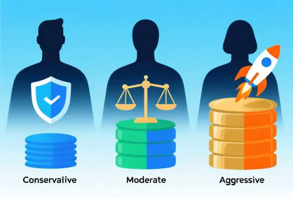 Three risk profile archetypes: Conservative bettor with shield and small bets, Moderate bettor with balanced scale and medium bets, Aggressive bettor with rocket/growth symbol and larger bets