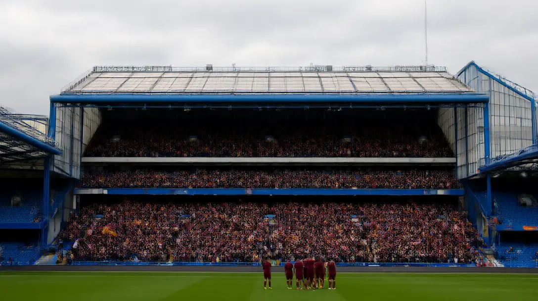 Bradford City fans in claret and amber celebrating in the away end at Stamford Bridge as home seats empty