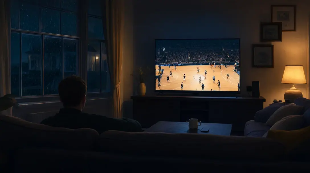 Silhouetted viewer on a sofa watching a basketball game on TV in a dark living room, a mug of tea on the arm.